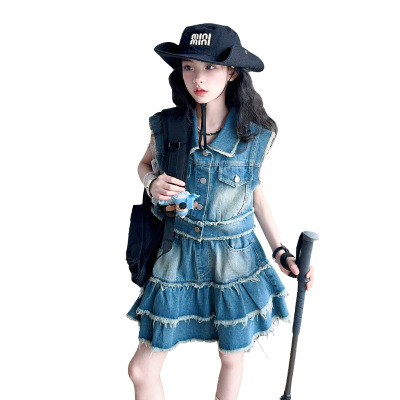 女童夏季牛仔套装2025新款儿童夏装时髦毛边马甲半身裙潮酷两件套