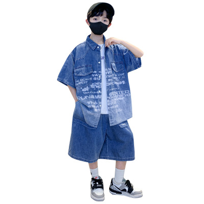 男童夏装套装2025新款中大童夏季薄款男孩儿童牛仔衬衫短袖两件套
