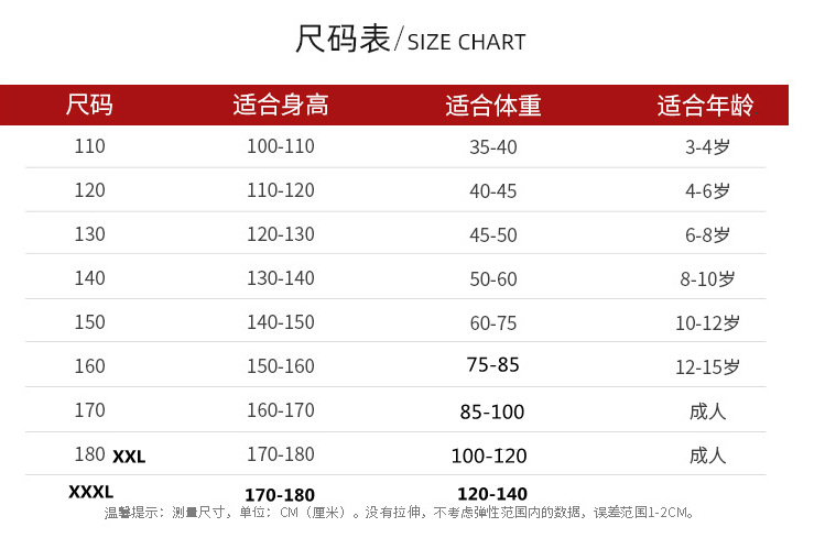 尺码表。